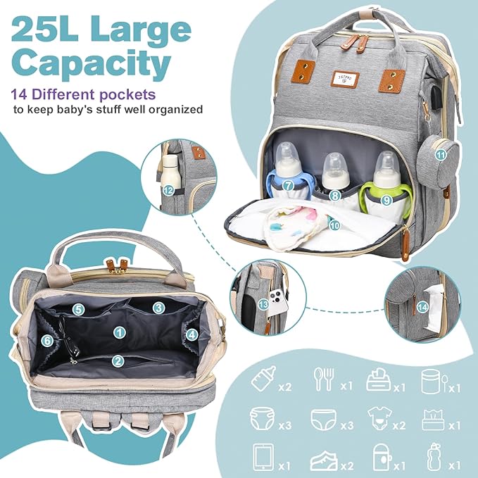 JSTPRO Diaper Bag Backpack, Large Waterproof Lightweight Diaper Bag with Changing Station, Insulated Pockets, USB Port & Stroller Straps, Travel Baby Bag for Mom and Dad, Baby Shower Gifts (Grey)