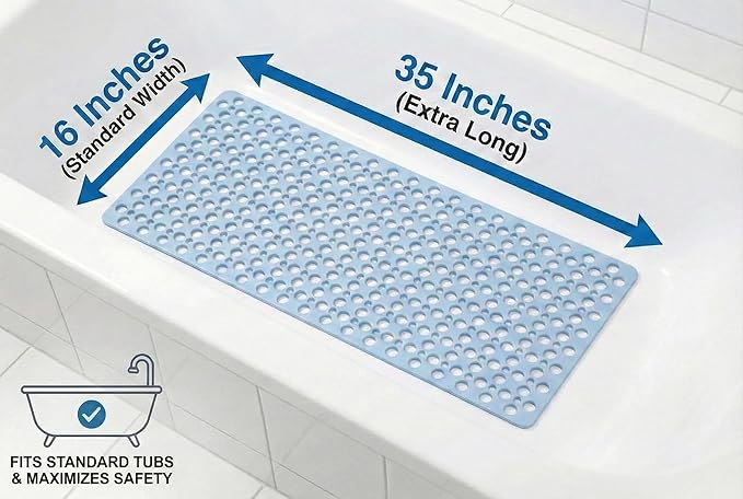 Bath Tub Shower Mat, Extra Soft Long Bath Mat Non-Slip with Suction Cups, TPE Bath Mat for Kids, Machine Washable Bathroom Mat (Blue, 35 x 16 Inch)