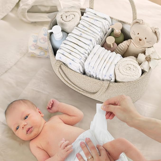 19L Baby Diaper Caddy Organizer, 16.8"x9.8"x9" Cotton Rope Diaper Basket, Changing Table Storage Caddy With Removable Divider, Baby Basket for Nursery, Car, Diapers, Baby Shower Gifts for Newborn