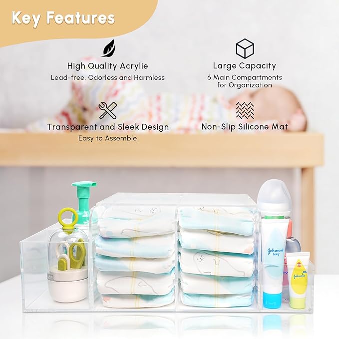 Diaper Caddy Acrylic, Baby Changing Table Organizer, Dresser Tabletop Organizer with 4 Detachable Compartments, Storage for Wipe Dispenser, Anti-slip Rubber Feet, Newborn Baby Essentials, Transparent