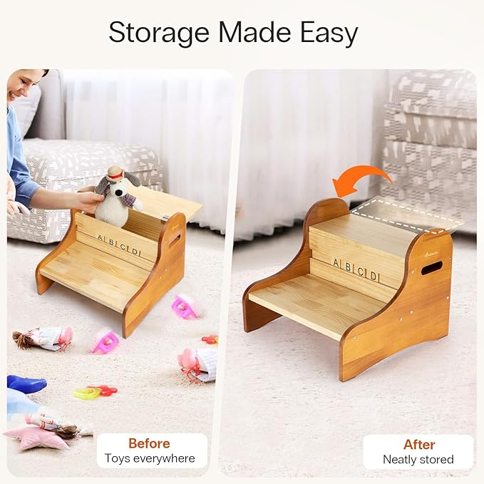 StrongTek Kids Wooden Step Stool with Storage, 2-Step Pine Design with Non-Slip Pads, Hidden Storage Compartment for Toddlers, Ideal for Bathroom, Bedroom, or Kitchen Use