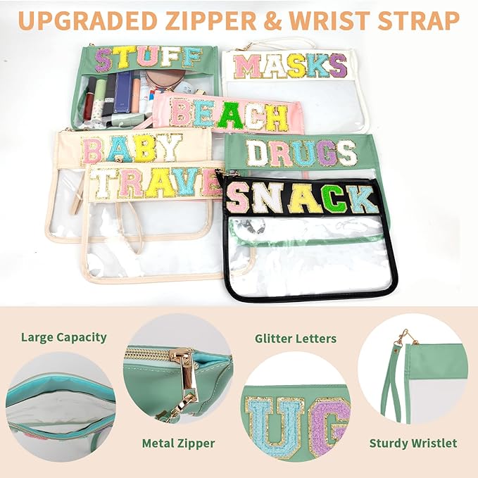 Iqimott Chenille Letter Clear Bag Drugs Pouch, Monogram PVC & PU Makeup Cosmetic Bag Zipper Toiletry Pouch, Waterproof Portable Purse Travel Beach Snack Wristlet Bags for Women Girls(Drugs,Green)