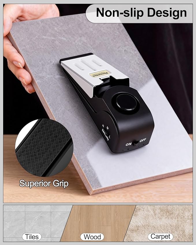 2 Pack Door Stop Alarm, Door Stopper with 120DB Security Alarm, Floor Wedge Door Stop Siren, Door Security Devices for Traveling, Apartment, Hotel and Home, Black