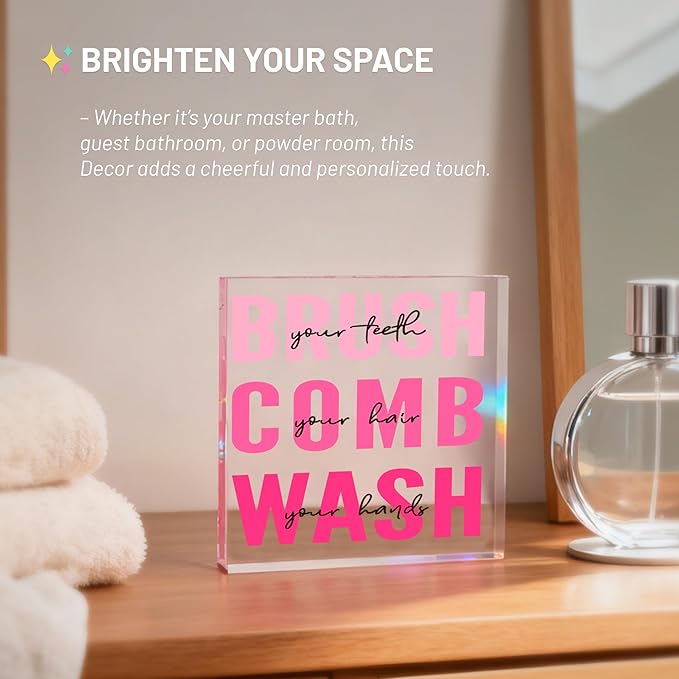 Pink Bathroom Decor, Acrylic Kids Bathroom Decoration Sign, Modern Restroom Decor, Cute Bath Rules Art, Self-care Gifts, Pink Aesthetic Vanity Sign for Girls, Women, Dorm Room