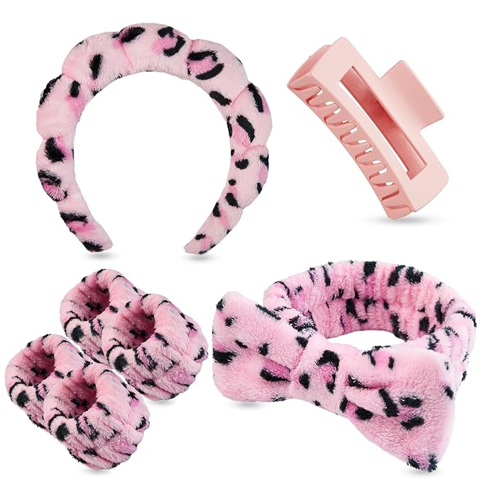 7 Pcs Spa Set, Facial Headband and Wristband Set, Skincare Accessories, College Style Girl Idea Gifts, Hair Accessories for Women and Girls（Leopard Print Pink）