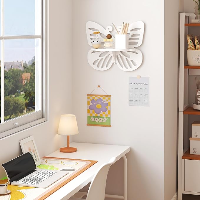Butterfly Shaped Nursery Wall Deor Floating Shelf, Cute Wall Display Rack for Kid’s Room, Small Decorative Shelf Wall Mounted, White Hanging Wall Shelf for Toys, Plants and Decorations Storage, White