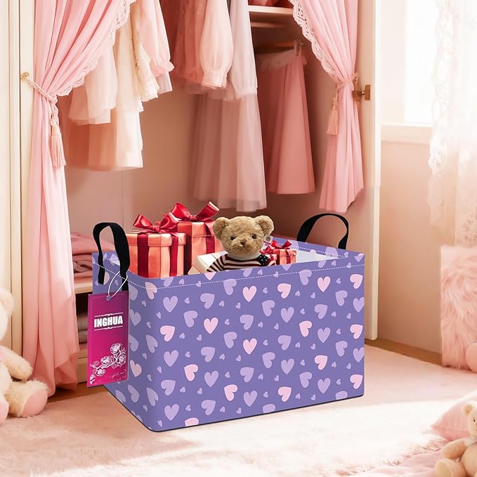 INGHUA Rectangular Storage Basket Fabric Organizer Bin for Toys,Books,Clothes,Gifts,Pets-Perfect for Home,Office,Nursery,Dorm,Shelf(Rec-Purple hearts)