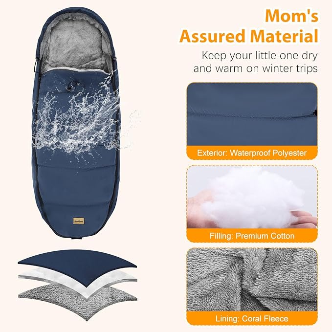Zooawa Stroller Bunting Bag Universal, Waterproof Baby Stroller Footmuff, Stroller Sleeping Bag for Cold Weather, Extra Thick, Fits 6-36 Months Baby, Dark Blue