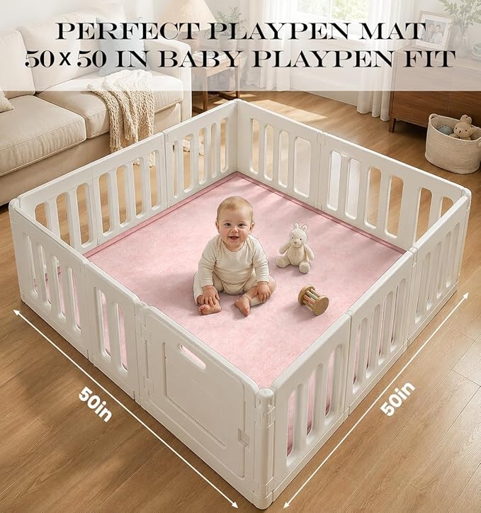 AEOCOO 50x50 Playpen Baby Mats for Floor babies Infant Crawling, 1.3" Thick Toddlers Tummy Time Mat for Floor Cushion, Memory Foam CloudSoft Velvet Non slip, Living Room, Playroom, Tatami Style, Pink