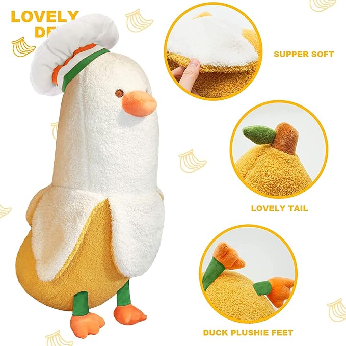 PEACH CAT Cute Banana Duck Stuffed Animal Long Banana Chef Duck Plush Pillow for Girls and Boys White 27.5"