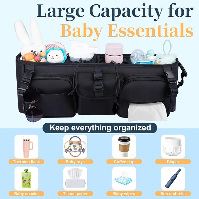 Double Stroller Organizer Compatible with Bob Duallie and Baby Jogger City Mini GT2, Double Baby Stroller Accessories with Cooler Bag, Parent Console Double Jogging Stroller Caddy with Cup Holder