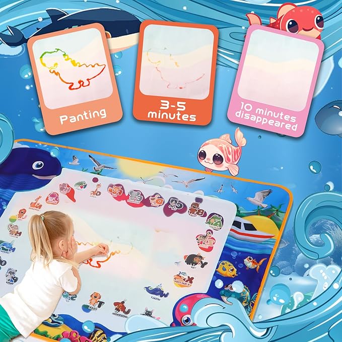 Aqua Doodle Pad Neon，Water Doodle Mat with Bag, Water Drawing for Travel, Magic Coloring Painting Writing Mat for Toddlers & Kids 3 4 5 6 7