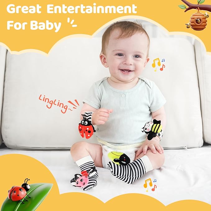 URMYWO Wrist Rattles for Baby - Rattle Socks - Foot Finder Set - High Contrast Black and White Baby Toys for 0-12 Months Infant - Newborn Essentials - Sensery Toys for Boys and Girls as Shower Gifts