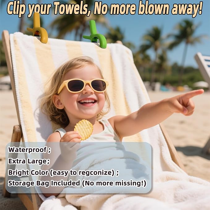 5.1"Jumbo Beach Towel Clips 8 Pcs, Storage Bag Included, Towel Clamps, Plastic Clothes Pegs Hanging Clamps, for Pool Cover/Cruise Chairs, Heavy Duty Clothes Pins Beach Accessories (Jumbo Size - 8 pcs)