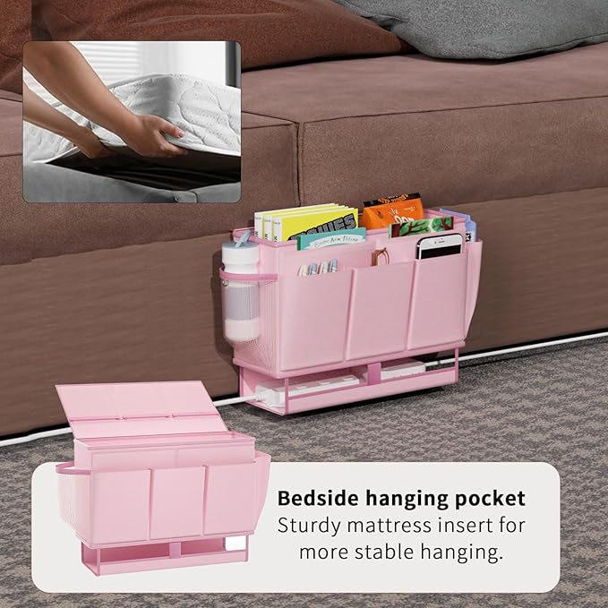 Bedside Caddy Bedside Organizer,Bed Caddy with 11 Pockets and Power Strip Holder,Versatile Bedside Storage Caddy for Home,Dorm,Bunk,Hospital,Crib Bed (Pink)