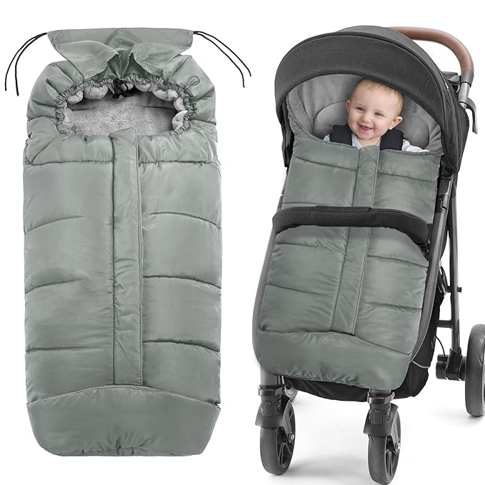 Universal Baby Footmuff for Strollers,Stroller Cover for Winter with Hooded Design,Waterproof and Windproof Winter Sleeping Bag with Coral Fleece Lining, Baby Bunting Bags for Most Strollers (GREY)
