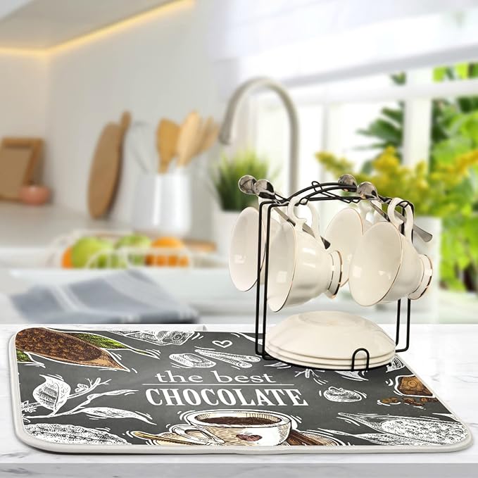 Absorbent Dish Drying Mat for Kitchen Counter - Coffee the Best Chocolate Microfiber Drying Pad, Reversible Drainer Mats for Countertop, Small 16" x 18"