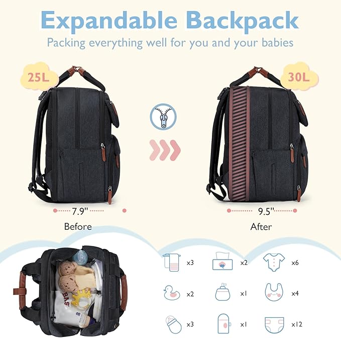mommore Diaper Bag Backpack, Large Diaper Bag Expandable for 2 Kids/Twins, Durable Baby Bag with Changing Pad, Water Resistant Travel Diaper Backpack for Mom Dad | Expandable, for 2 Kids/Twins, Durable Baby Bag, with Changing Pad, Water Resistant