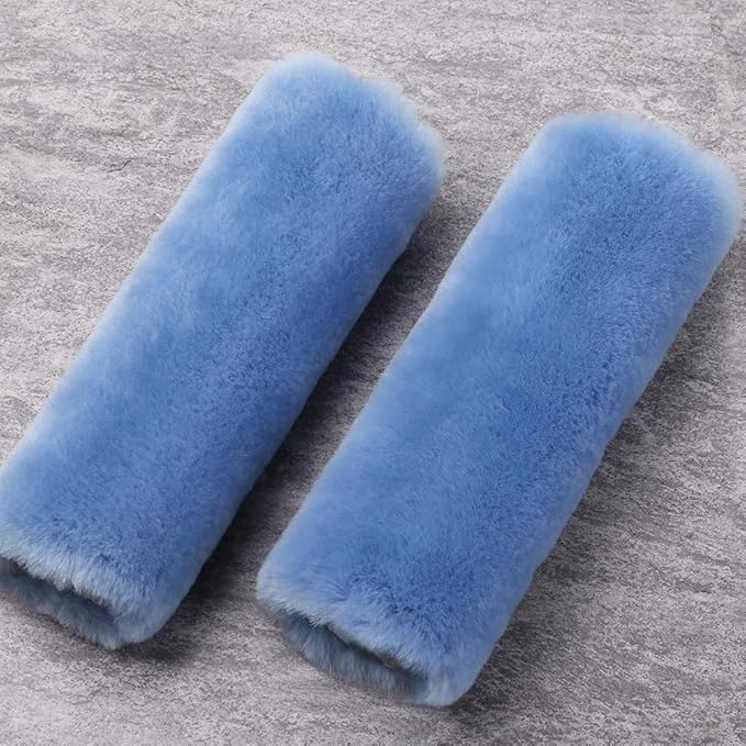 OGLAND 2 Pack Natural Fur Comfort Auto Authentic Sheepskin Car Seat Belt Pads for Adults, Soft Texture Shoulder Neck Cushion Pad Protector, Genuine Australia Merino Wool Cover (Sky Blue)