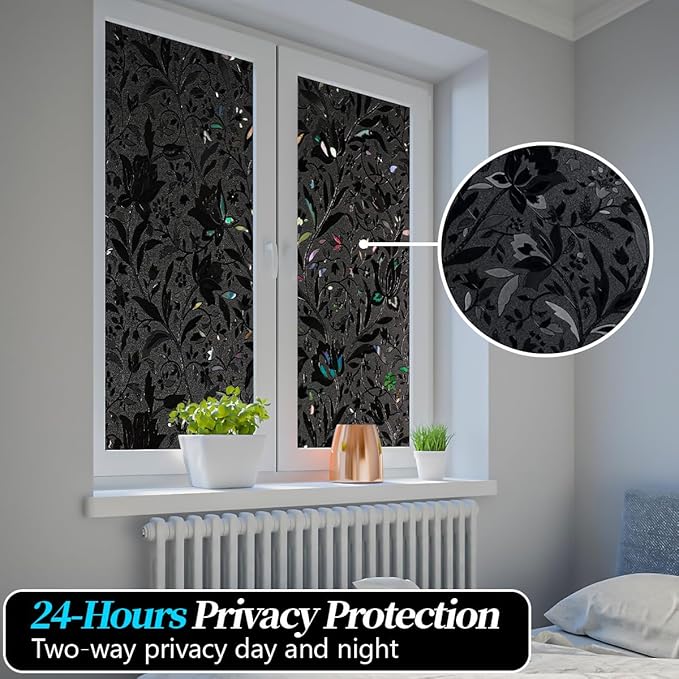 Bloss Blackout Window Privacy Film, 100% Sun Blocking Privacy Cover for Glass, Removable Room Darkening Black Out Window Tint, Static Cling Frosted Glass Film (Black/Tulip, 35.4" x 78.7")