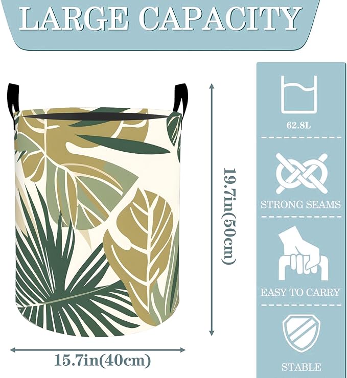 VODRM Tropical Palm Monstera Leaf Laundry Basket, Dirty Collapsible Clothes Toy Organizer Hamper for Kids Adults, Oxford Cloth Waterproof Storage Bin for Room Bathroom Home Decor Gifts, 19.7"X15.7"