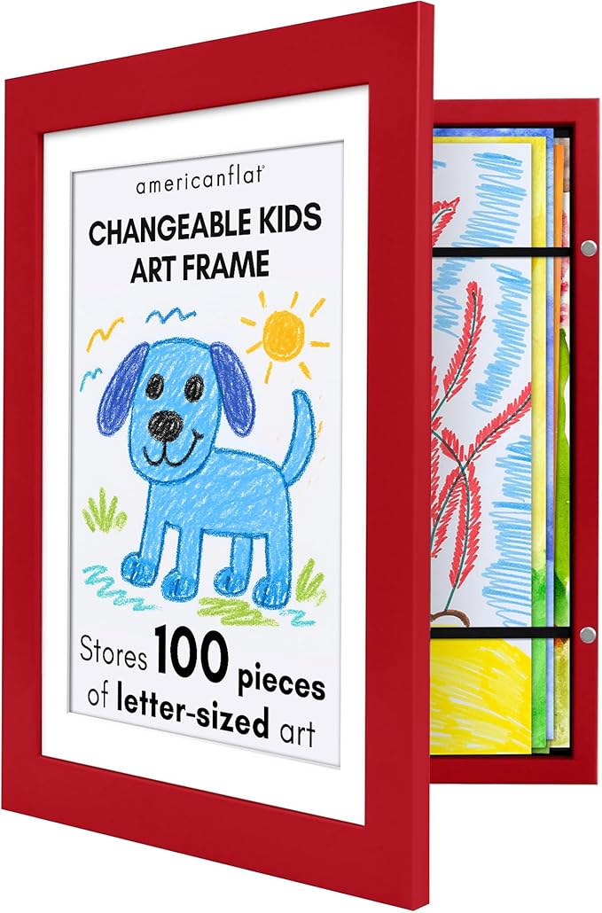 Americanflat Kids Artwork Frame Changeable (Apple Red) - Magnetic Door Holds 100 Art Pieces - 8.5x11 Letter Size Display with Mat or 10x12.5 Without Mat - My Mini Masterpiece