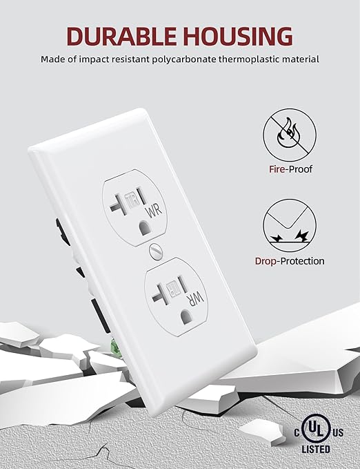 AIDA 20 Amps Outlets Duplex Electrical Receptacle Outlets, Tamper Resistant & Weather Resistance, Wall Plate Included, Residential, 3-Wire, Self-Grounding, UL Listed (50 Pack, White)