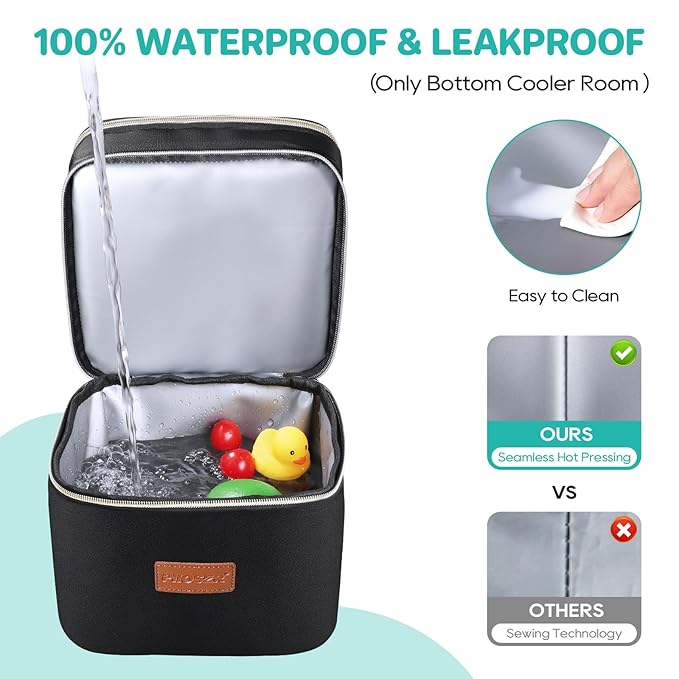 PIIOSER Baby Bottle Cooler Bag with Ice Pack, Fits 4 Baby Bottles Up to 5 Ounce, Portable Insulated Breastmilk Cooler Travel Bag with Handle Buckle for Nursing & Working Mom Daycare (Black-XS)