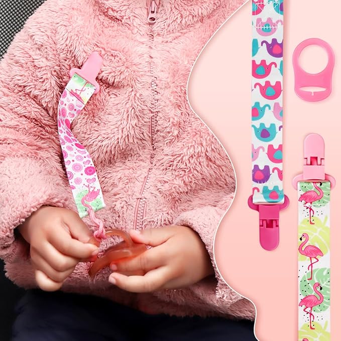 4 Pack Pacifier Holder Clips for Girls, Dummy Clips Girls with Adapters, Silicone Binky Clips for Baby Teething Toys Baby Shower