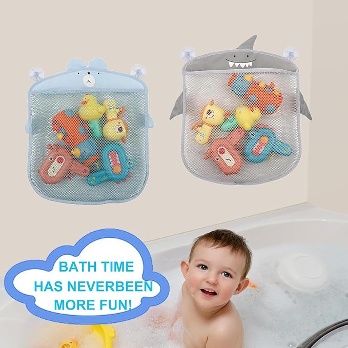 Storawo 2 Pack Mesh Bath Toy Organizer, Cute Shark & Bear Bath Toy Storage Net Bathtub Toy Organizer, Perfect Bathroom Hanging Storage Bag Quick Dry Bath Toy Holder Bag with 8 Strong Hooks (Set A)