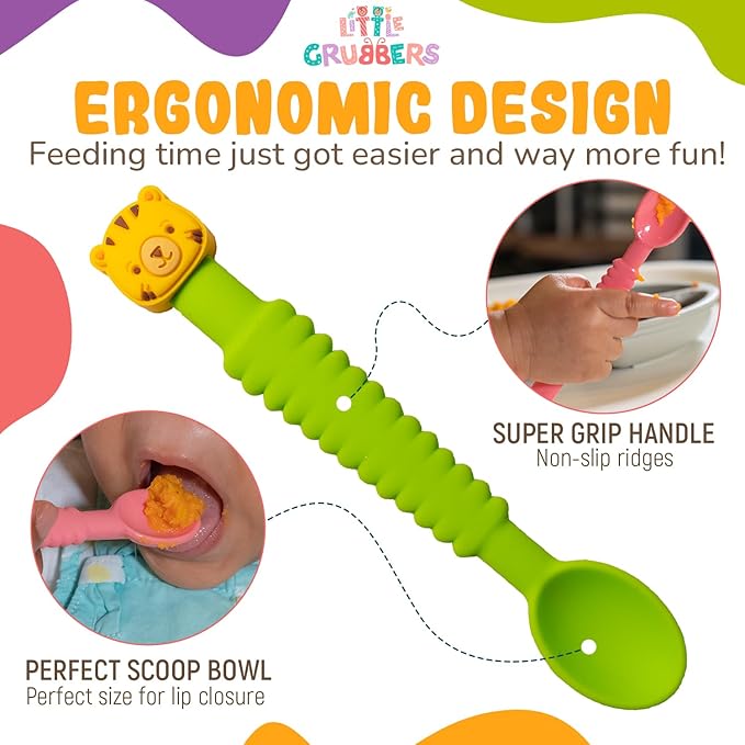 Little Grubbers 3-in-1 Silicone Baby Spoon Self Feeding 6+ Months - Pediatric OT Designed Teether Spoon, BPA Free Toddler Utensils, Mess-Free, Fun for Baby Led Weaning Supplies, Cow & Tiger