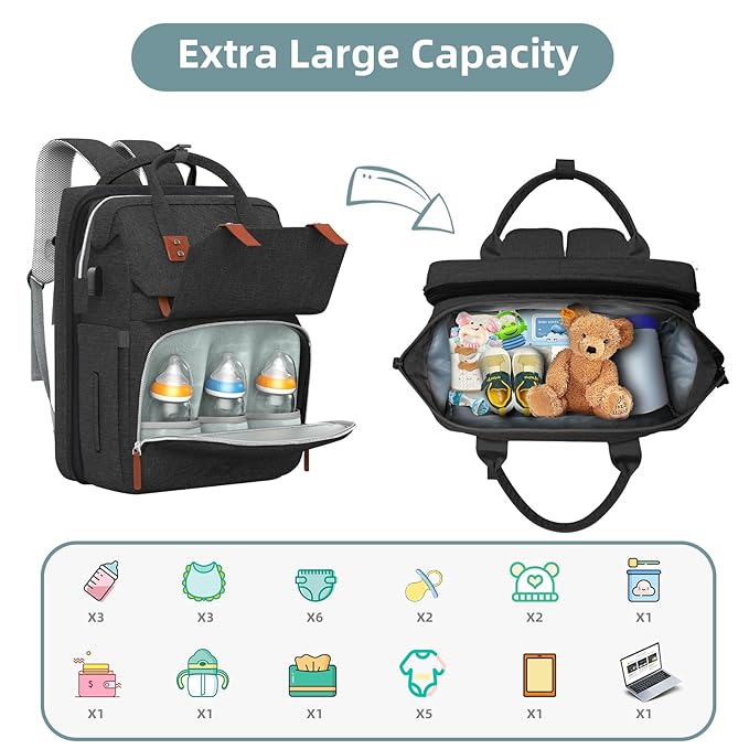 ISMGN Diaper Bag Backpack with Changing Station, Large Diaper Bag, Baby Bag, Multifunctional Diaper Bag, Black