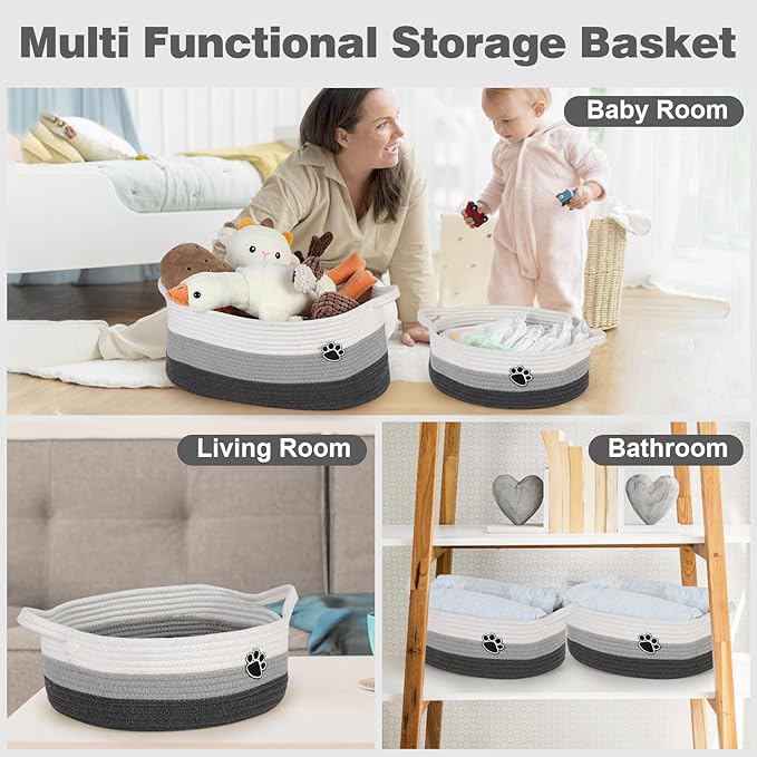 Dog Toy Basket, Toy Box and Bin for Dog Cat Storage, 13.5" X 11" X 5" Small Woven Rope Basket for Baby Storage, Closet, Living Room, White & Grey