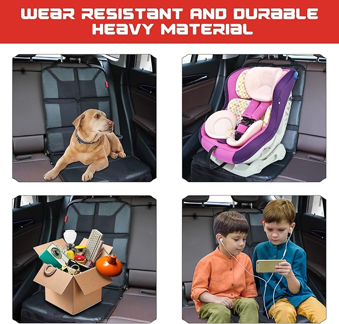 Car Seat Protector with Thick Padding + XL Large Car Seat Cover for Child Car seat, Eco Friendly Waterproof & Durable Fabric + 2 Storage Pockets Protect Fabric or Leather Seats 2Pack (Brown)