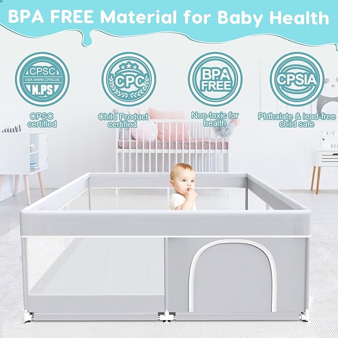 Fshibila Baby Playpen, 50x50 Inch Baby Playard for Babies and Toddlers, Play Pens for Indoor & Outdoor, Sturdy Safety Play Yard with Soft Breathable Mesh, Anti-Fall, Grey
