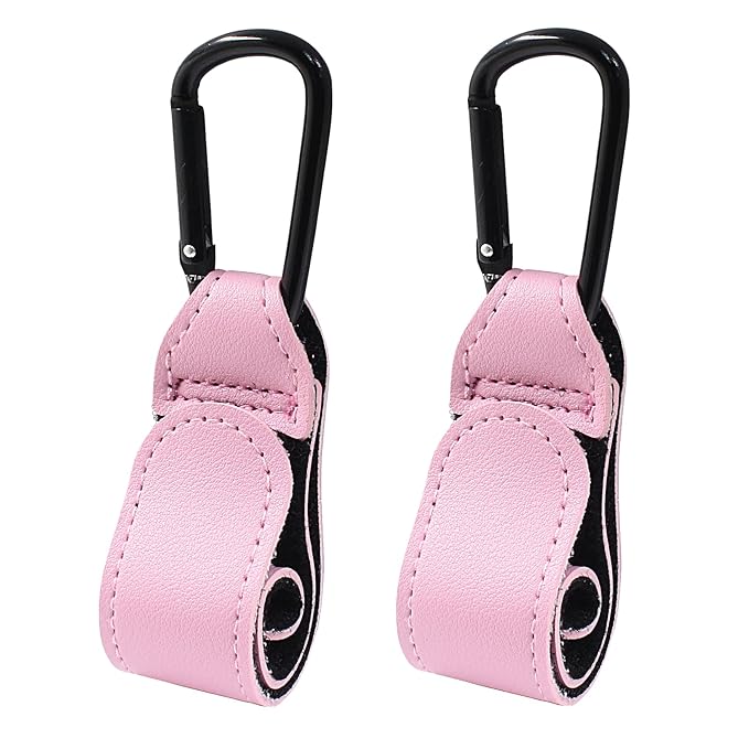 2 Pcs Stroller Hooks for Diaper Bag - Durable Leather Stroller Straps Diaper Bag Hooks - Stroller Clips for Stroller Wheelchair Shopping Carts - Pink