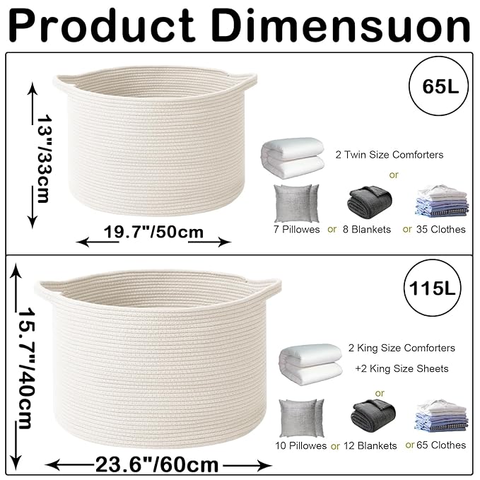 Large Storage Basket with Handle,19.7" L x 19.7" W x 13" H Blanket Basket Storage Bins for Organizing,65L Cotton Rope Woven Baskets for Living Room, Nursery,Bedroom,White