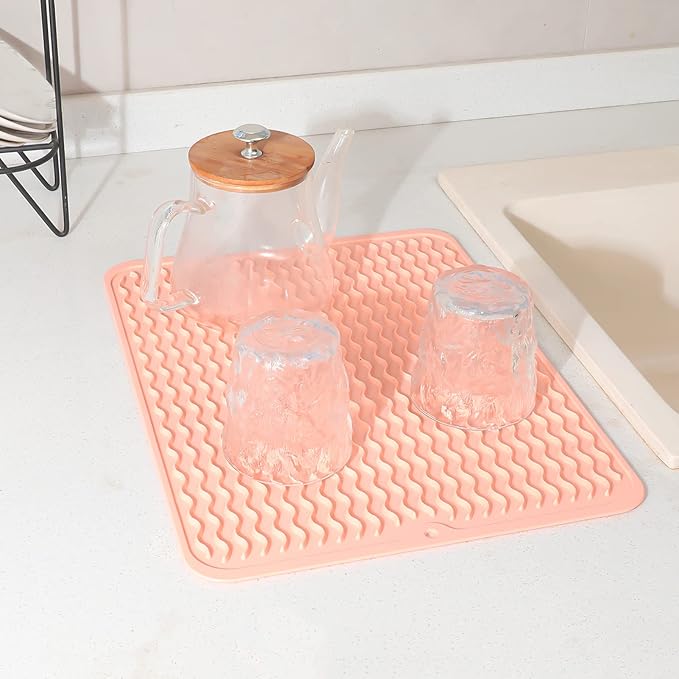 MicoYang Silicone Dish Drying Mat for Multiple Usage,Easy clean,Eco-friendly,Heat-resistant Silicone Mat for Kitchen Counter or Sink,Refrigerator or drawer liner Pink L 16 inches x 12 inches