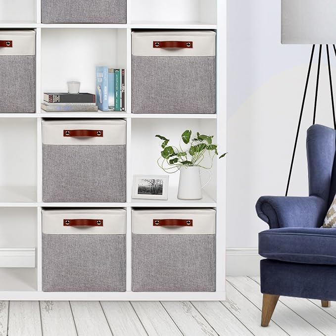 Univivi 13x13x13 Storage Cube Bins with Handles,Fabric Storage Cubes with Hard Bottom Organizer Baskets for Closet,Foldable,Gray