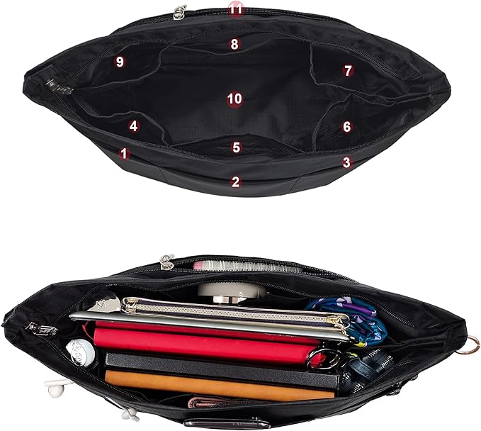 Time Wing Handbag Tote Purse Organizer Insert Bag Liner Shaper Divider Zipper 11 Pockets Compartments Medium Black
