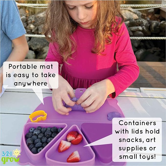 Silicone On-The-Go Snack Mat – Foldable Reusable Placemat with 3 Compartments and Lids – Travel-Friendly Baby and Toddler Snack Plate – Dishwasher Safe (Pebble)