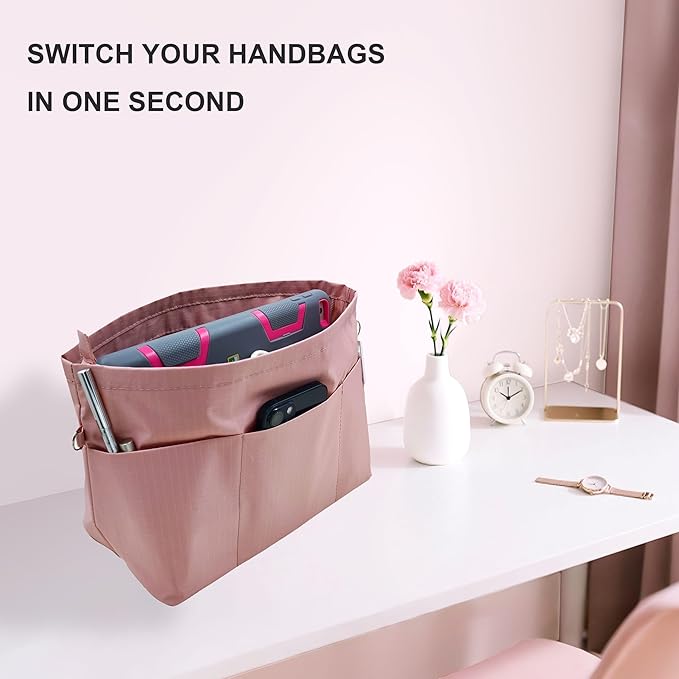 Time Wing Handbag Tote Purse Organizer Insert Bag Liner Shaper Pocketbook Divider Zipper 11 Pockets Compartments X Large Pink