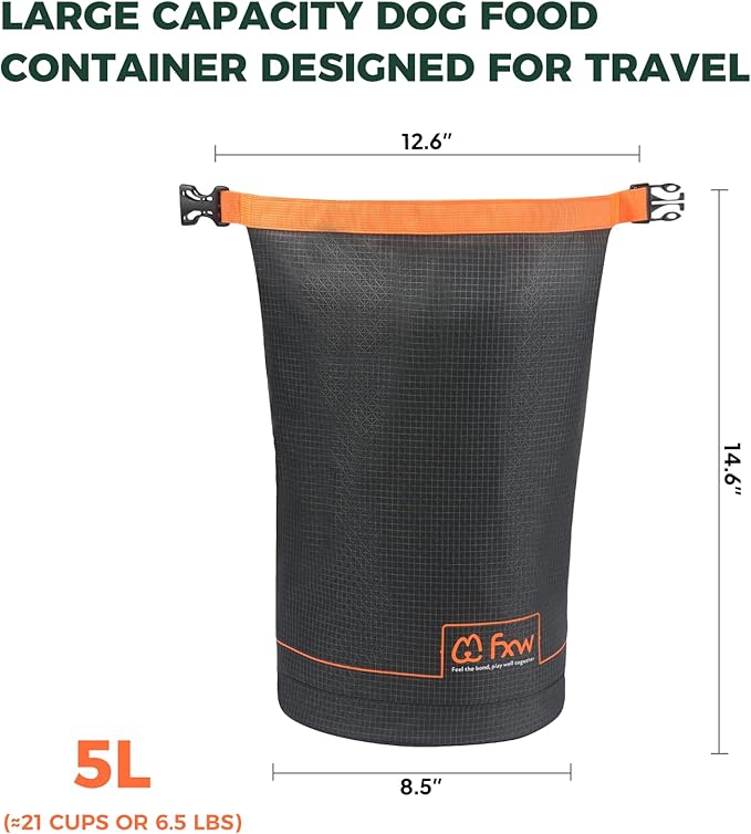 FXW Dog Food Travel Bag，Large Capacity for Travel Kibble Storage Perfect for RV Road Trips, Camping, Longterm Dog Boarding Gear Accessories Gray, 21 Cups