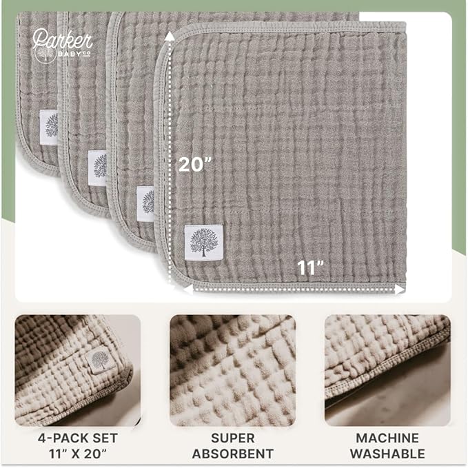 Parker Baby Muslin Burp Cloths | 100% Cotton Burping Clothes, Newborn Essential | Must-Have Baby Registry, Modern and Trendy Colors | 20"x11" Unisex Large Baby Burp Cloths, 4-Pack Gray Set