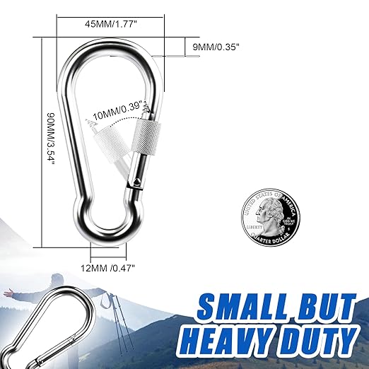 KINLINK 10 Pack Screw Locking Carabiner, 3.54 inch Heavy Duty Carabiner Clips, 304 Stainless Steel Small Caribeener Clips, Caribiniers for Outdoor Camping, Swing, Hammock, Hiking, Quick Link
