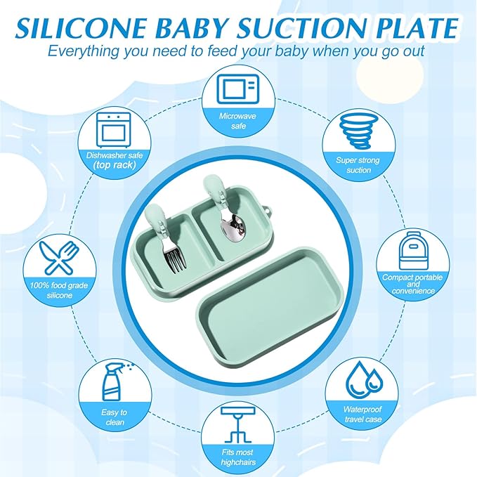 Uiifan 2 Pack Baby Suction Plate Set Silicone Suction Plate with Lid Divided Bowls for Portable Toddler Utensils Compact for Self Feeding Baby Travel Essential(Blue, Sage Green)