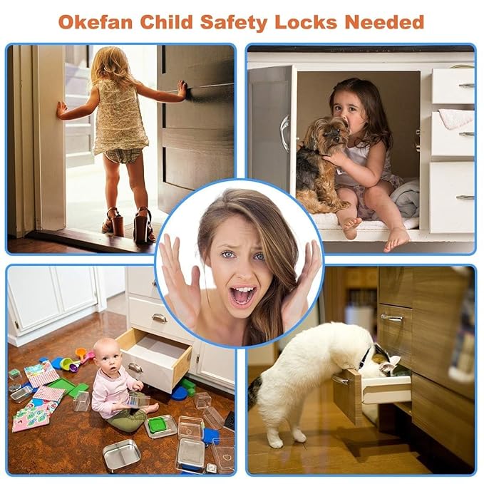 Child Safety Cabinet Strap Locks - OKEFAN 12 Pack Baby Proofing Adhesive Latches for Kids Drawer Cupboard Dishwasher Fridge Oven Door No Drill (White)