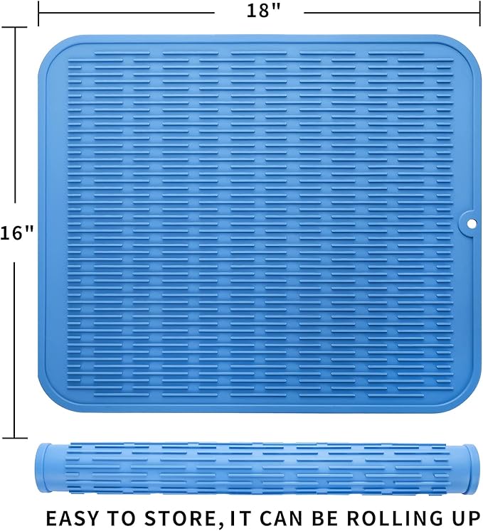 MicoYang Silicone Dish Drying Mat for Multiple Usage,Easy clean,Eco-friendly,Heat-resistant Silicone Mat for Kitchen Counter or Sink,Refrigerator or Drawer Liner Lichen BlueL XL 18 inches x 16 inches