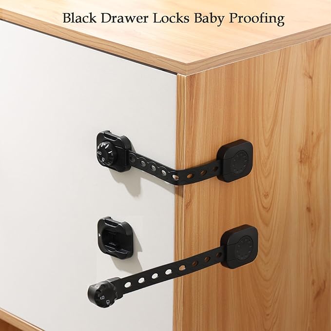Fursafe&Q Child Safety Cabinet Proofing, Baby Cabinet Locks Adhesive Adjustable Child Safety Strap Locks Drawer Fridge Ovens Toilet Latches No Screws for Furniture Kitchen (Black, 12Pack)