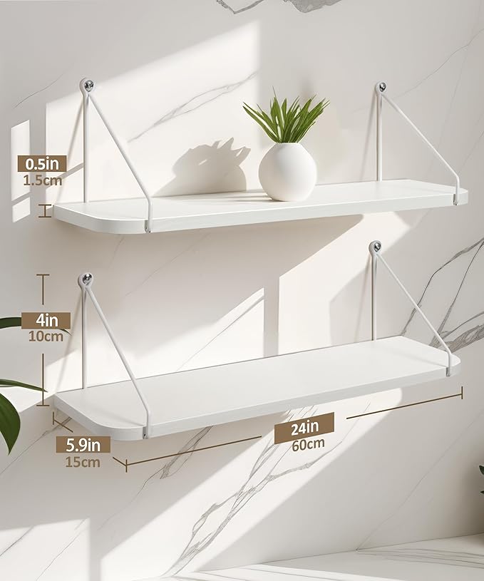 Afuly White Floating Shelves, 24 inch Long Shelves for Wall, Hanging Storage Shelf for Kitchen Bedroom Living Room, Wood Chic Wall Decor, Set of 2